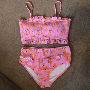 Pink convertible strap smocked ruffle bikini